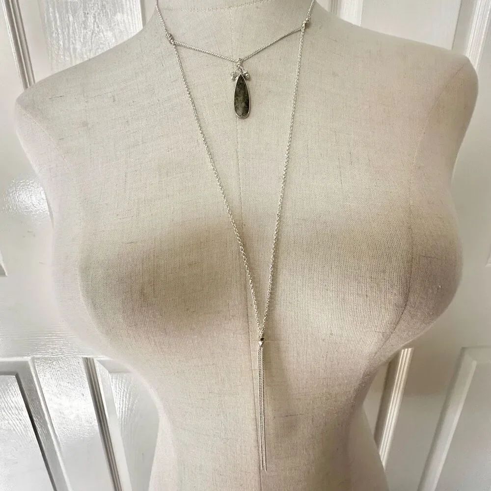 Nakamol teardrop labradorite silver tone double strand chain tassel necklace